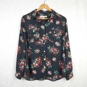 Loft Floral Grey Button Up Blouse Size MP